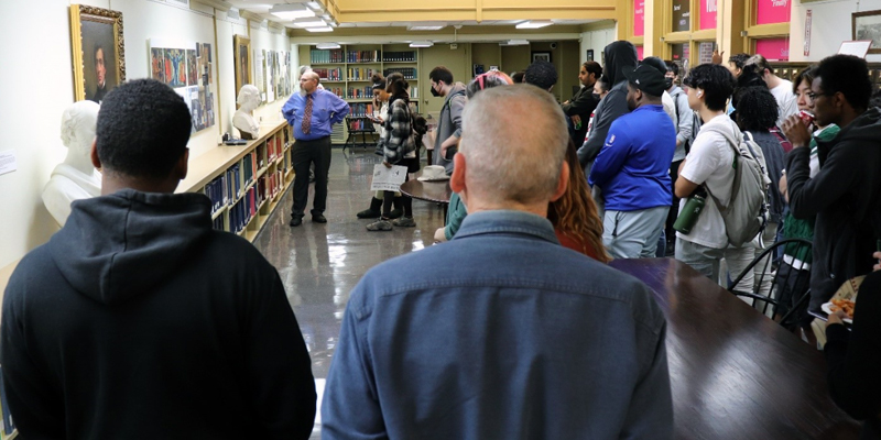 Professor Miles Grosbard (in tie) with CCP class at PHS, October 2022. Photo by McKenna Britton. 