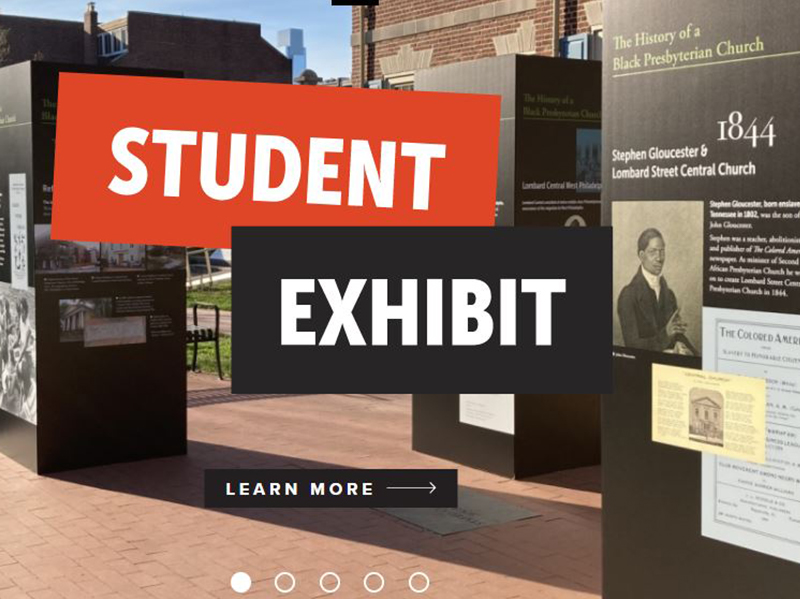 The outdoor Building Knowledge and Breaking Barriers exhibit in front of the Presbyterian Historical Society in Philadelphia.