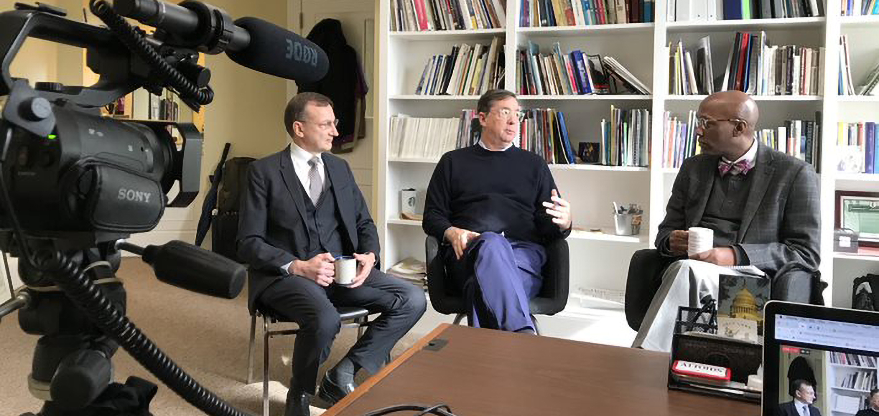 (Left to Right) Dr. Peter Prove, with the World Council of Churches, and Jim Winkler, National Council of Churches, joined the Rev. Dr. J. Herbert Nelson, II, for the Facebook Live broadcast of Coffee with the Clerk in Washington, D.C. this week. Photo by Randy Hobson.