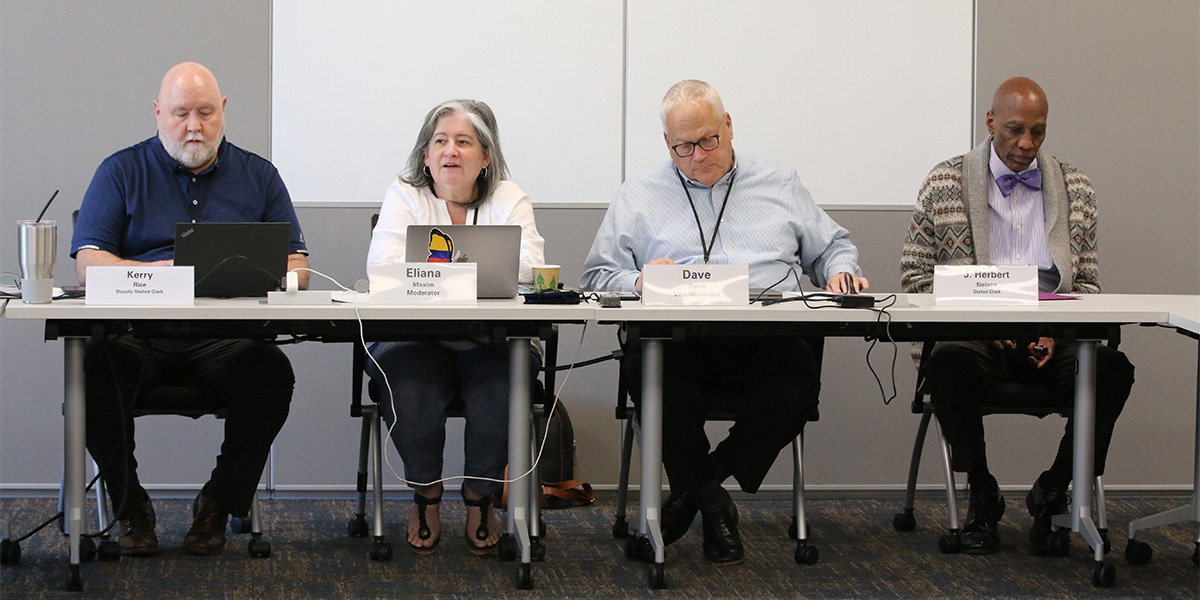 (left to right) Kerry Rice, OGA’s deputy stated clerk; Eliana Maxim, COGA moderator; Dave Davis, COGA vice moderator; and the Rev. Dr. J. Herbert Nelson, II, at the opening of COGA’s spring meeting. Photo by Rick Jones