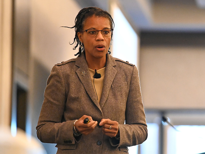 Dr. Debbie Stroman, who teaches at the University of North Carolina and does workshops for the Racial Equity Institute, speaks Wednesday to members of the national staff of the Presbyterian Church (U.S.A.). Photo by Rich Copley