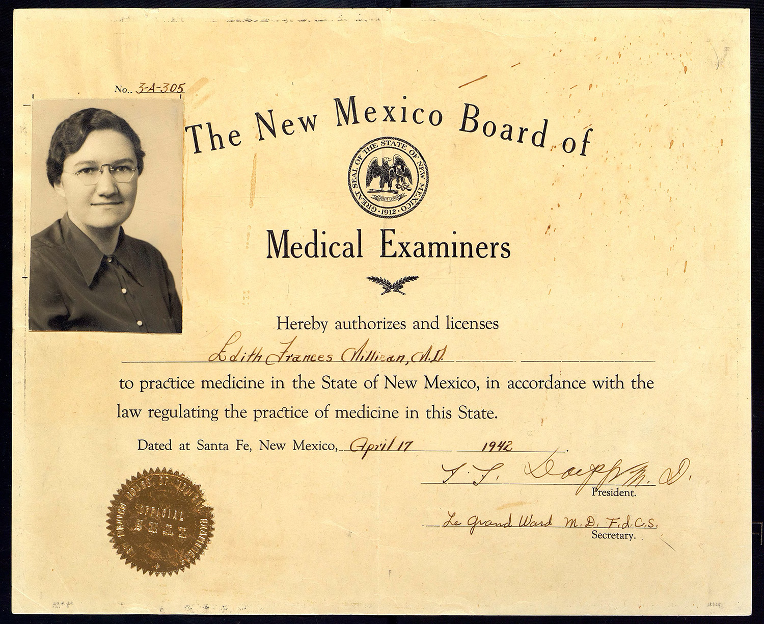 Edith Millican License to practice medicine. April 1942