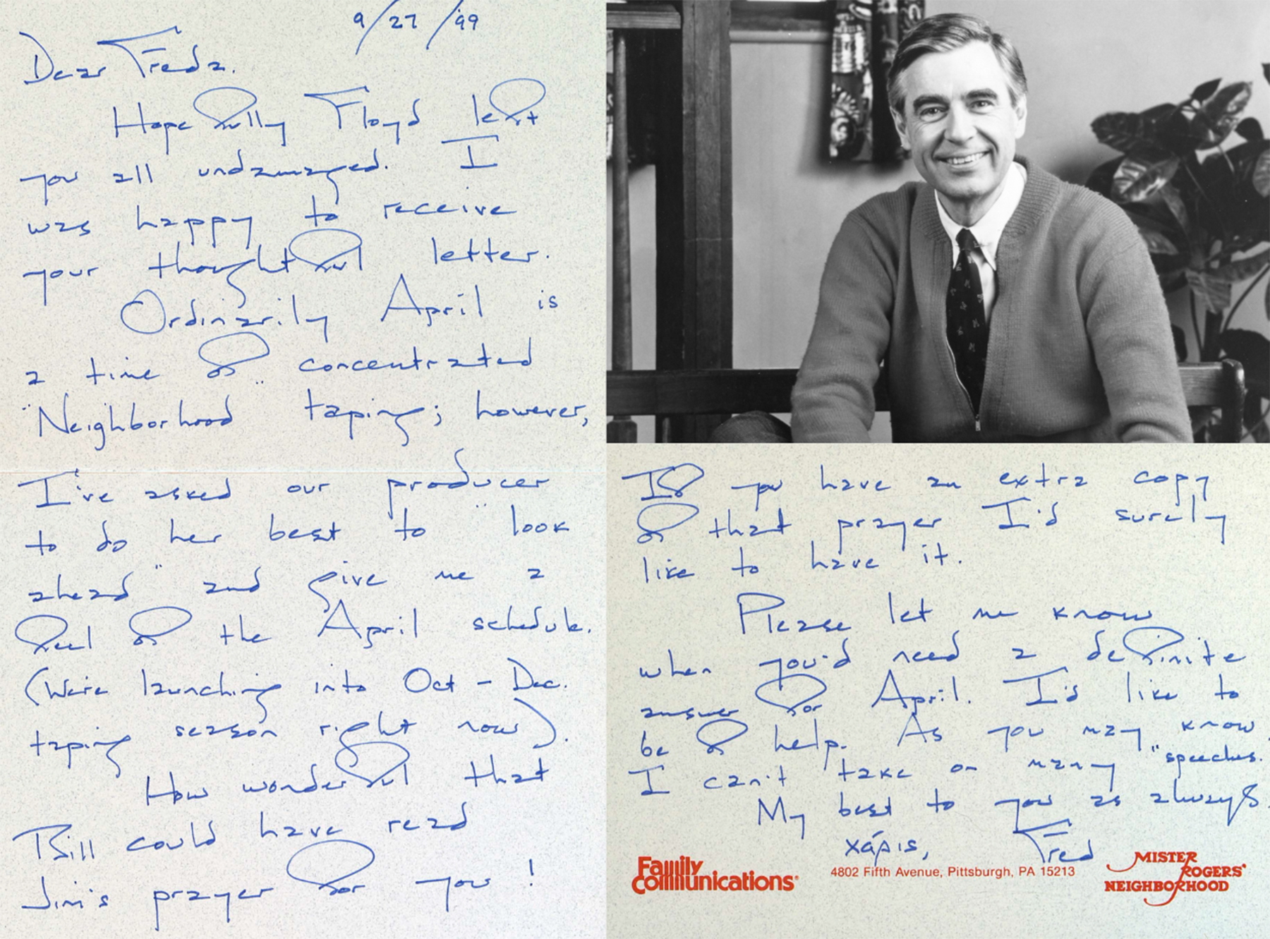 Handwritten note from Fred Rogers to Freda Gardner, September 27, 1999, Pearl: 161396