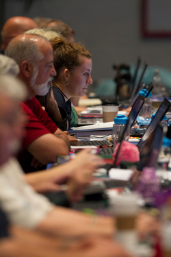 Commissioners and advisory delegates consider the consent agenda at the 221st General Assembly (2014) of the PC(USA) in Detroit, MI on Wednesday, June 18, 2014.