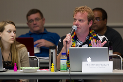 Bryan Frazen asks a clarifying question during the Tuesday afternoon session of the Middle East Issues Committee at the 221st General Assembly (2014) in Detroit, MI on Tuesday, June 17, 2014. 