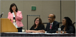 Therese Howell, Vince Thomas, and Destini Hodges (seated) are introduced at the Ruling Elder Luncheon.