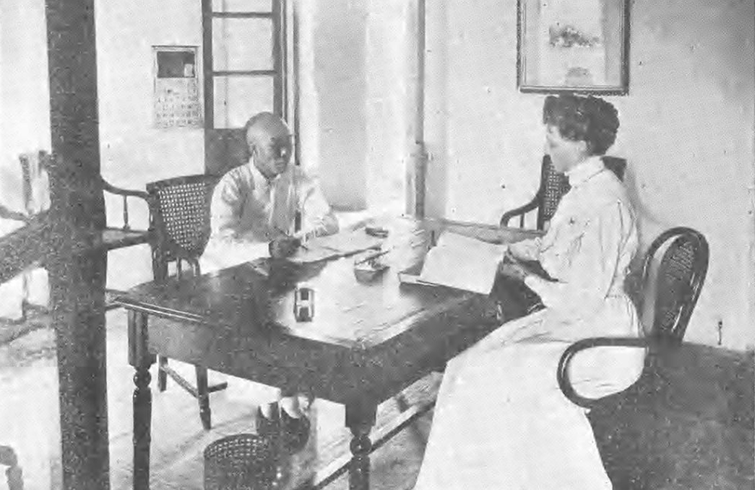 Hackett College for Women photograph of Dr. Fulton (right) working with Chinese man. Pearl ID: 5011 