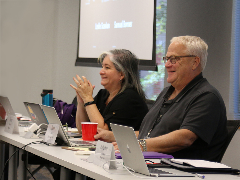 COGA moderator Eliana Maxim (left) and vice-moderator Dave Davis (right) engage in discussion during the COGA meeting on September 22, 2022. Photo by Randy Hobson.