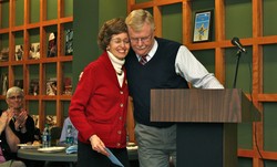 Gradye Parsons hugs Joanne Green at the celebration lunch