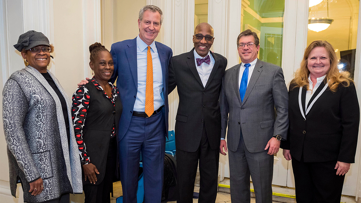 Left to right : Brunhilda Williams-Curington, Chirlane McCray, Mayor Bill de Blasio, J. Herbert Nelson, James Rissler and Anita Clemons.