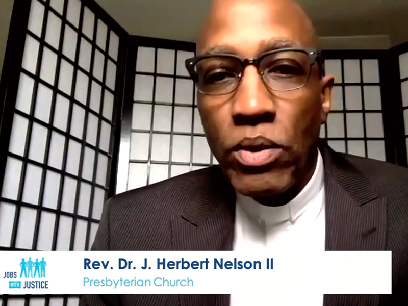 J. Herbert Nelson, II, speaks during an online broadcast of the Jobs With Justice awards program.