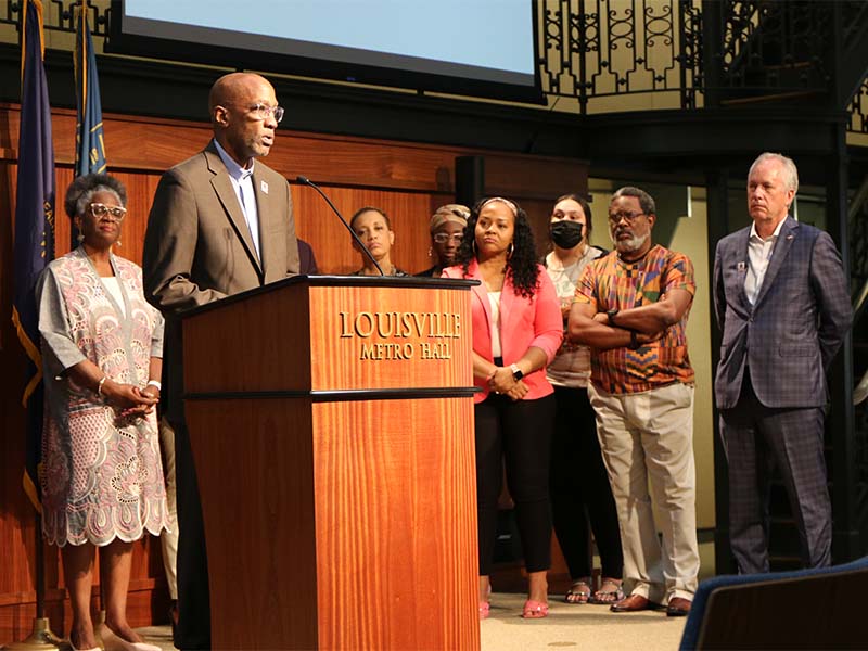 The Rev. Dr. J. Herbert Nelson, II spoke at a Louisville news conference regarding the city’s plans for a Juneteenth Jubilee Celebration the week of June 11–19. Photo by Rick Jones.