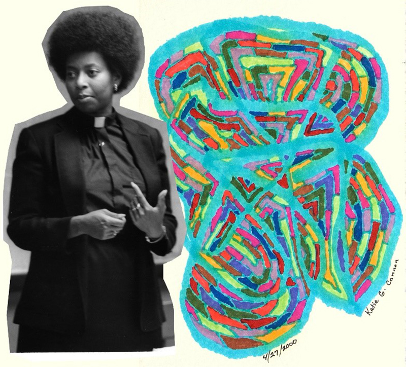 Rev. Dr. Katie Cannon in the 1970s; her drawing from 2000. (By David Staniunas)