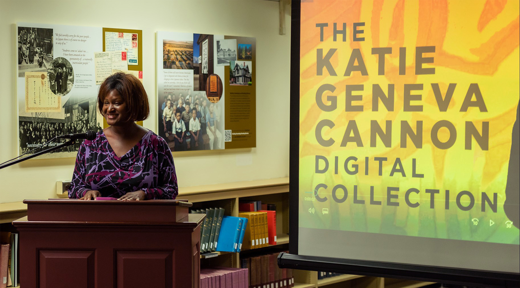 Bridgette Cannon talking about her aunt Katie Geneva Cannon during speaker’s program. Photo by Martin Heimann.