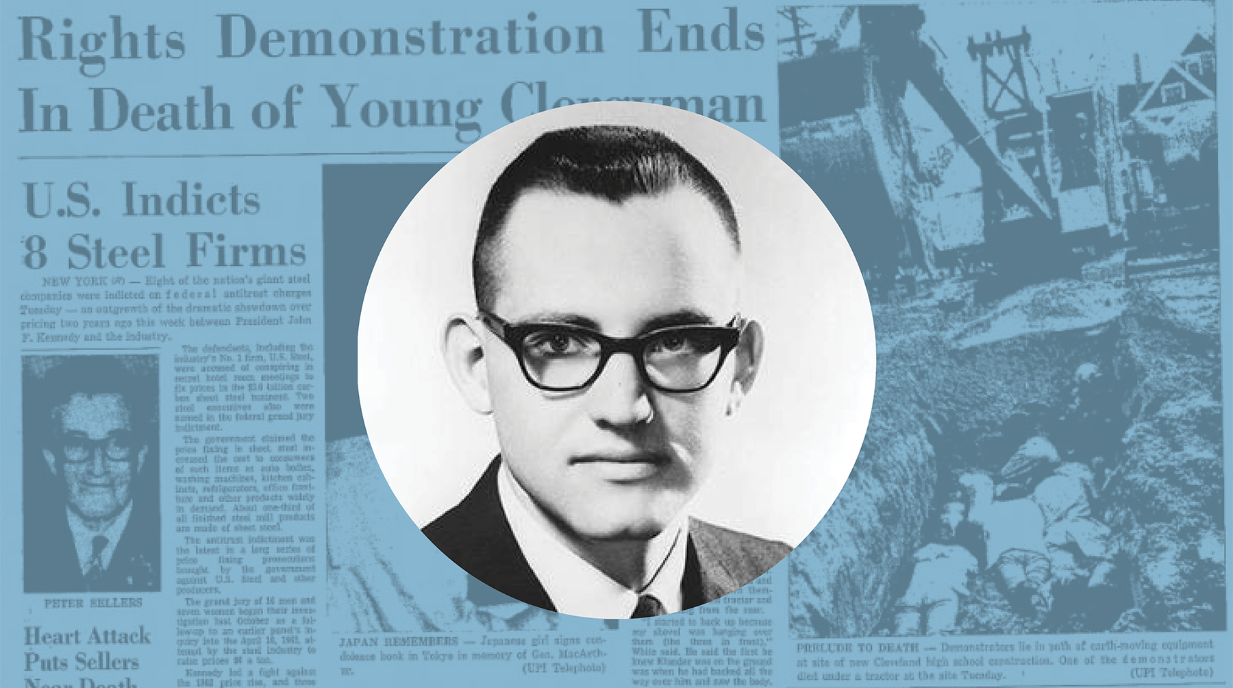 Photograph of Bruce Klunder, undated, courtesy of Wikipedia. Background image: The Oneonta Star (NY), April 8, 1964 edition, courtesy of Newspapers.com. Montage by PHS.