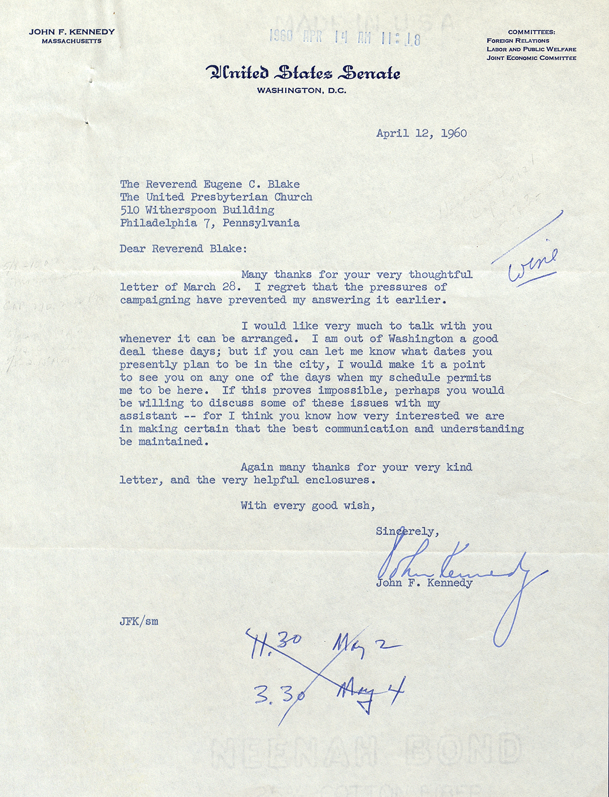 Letter from John F. Kennedy to Eugene Carson Blake. April 1960. 