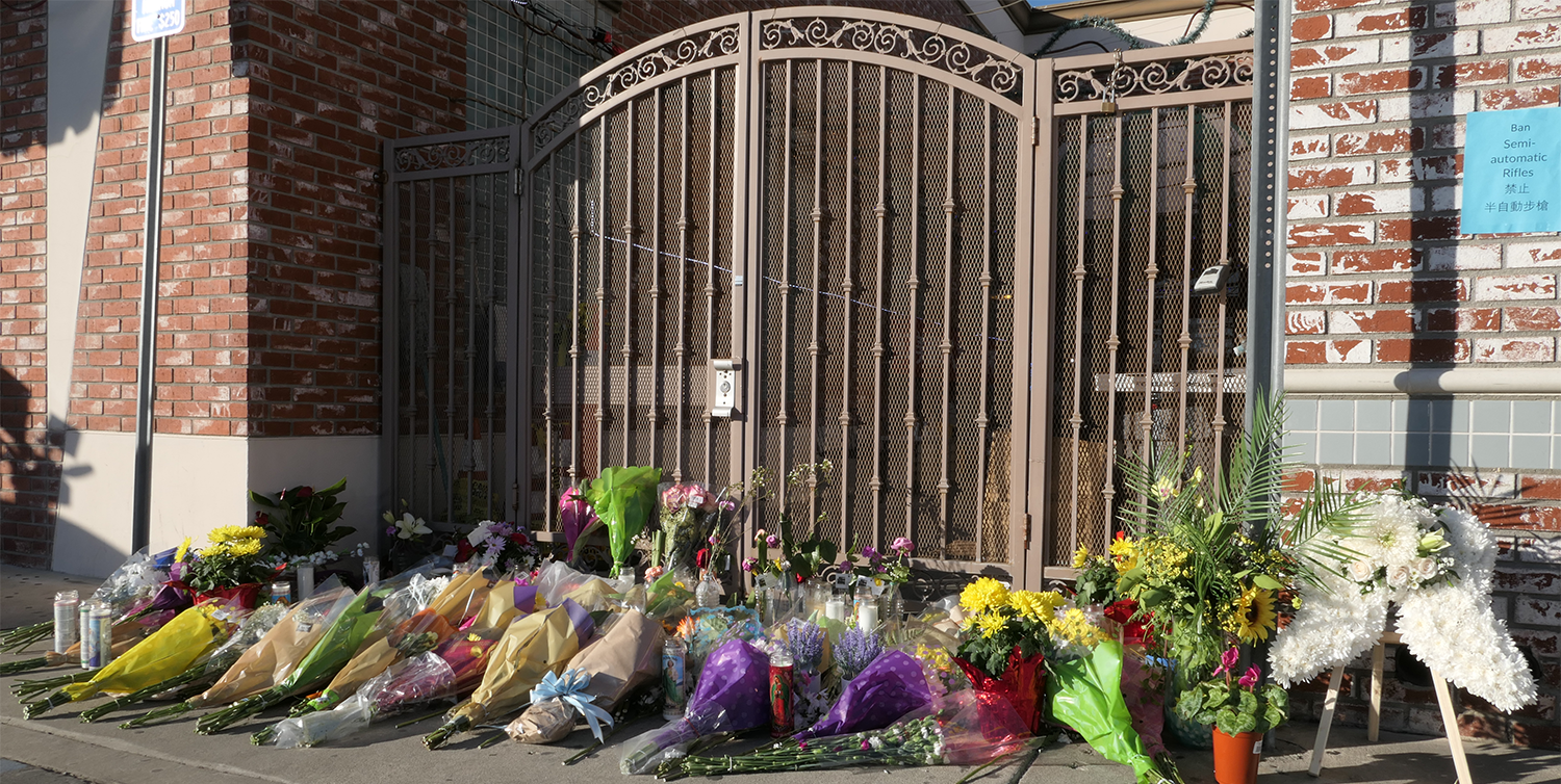 The makeshift memorial outside Star Ballroom Dance Studio in Monterey Park on January 23, 2023.