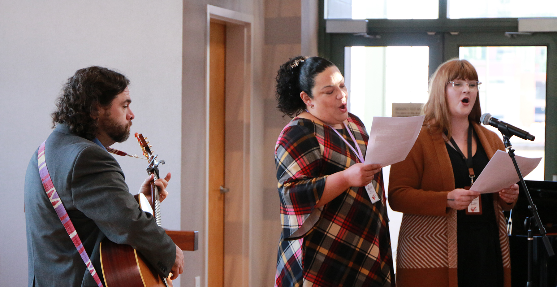 (L to R) Rev. Dr. David Gambrell, associate for worship in the Office of Theology and Worship in the Presbyterian Mission Agency; Flor Vélez Díaz, manager of judicial process in the Office of the General Assembly; and Kate Trigger Duffert, director of General Assembly planning for the Office of the General Assembly, lead worship at the Moder(ators’ Conference. Photo by Rick Jones.