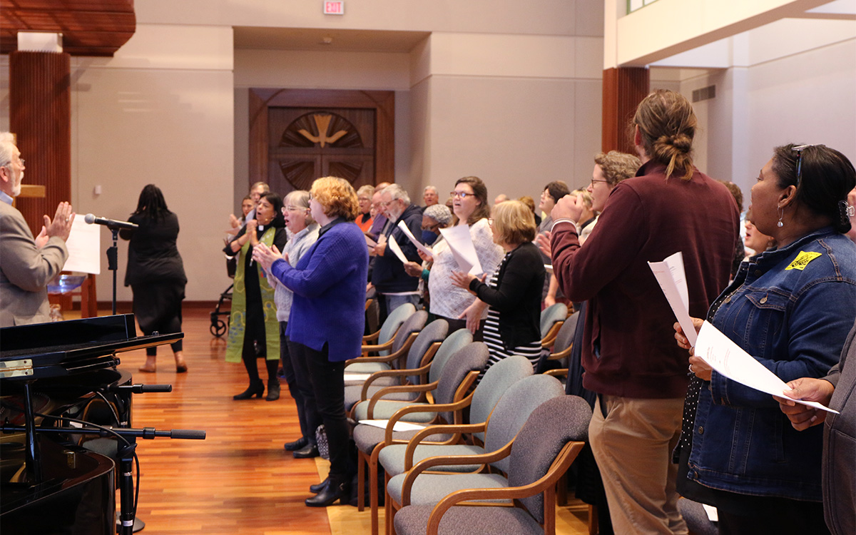 Approximately 140 moderators across the denomination participated in closing worship either in person or online at the conclusion of the Moderators’ Conference. Photo by Rick Jones 