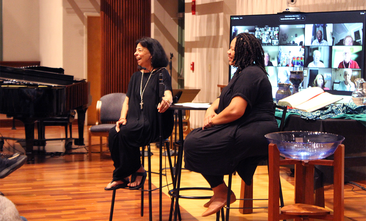 Rev. Ruth Faith Santana-Grace and Rev. Shavon Starling-Louis, co-moderators of the 225th General Assembly enjoy a question and answer session with moderators at the Presbyterian Center Chapel. Photo by Rick Jones