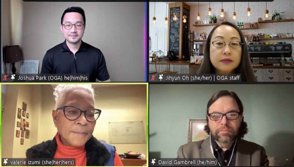 Josh Park, Jihyun Oh, valerie Izumi, and David Gambrell participated in a panel discussion via zoom at the Moderators&rsquo; Conference over the weekend. Screenshot. 