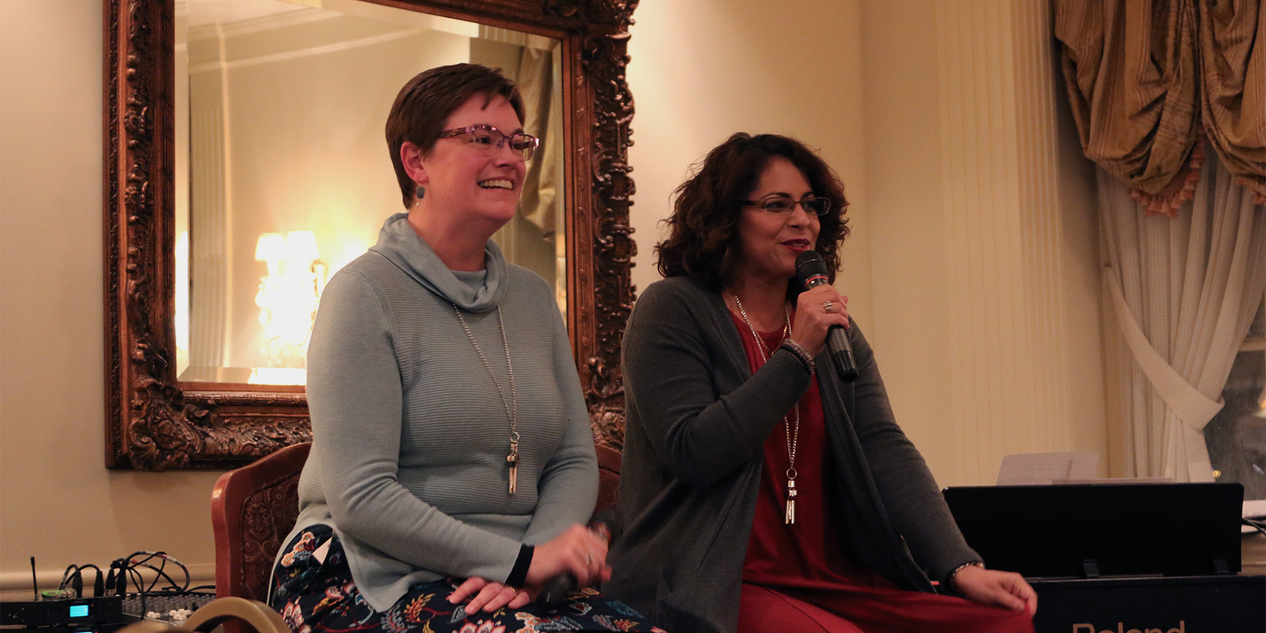 Rev. Cindy Kohlmann and Ruling Elder Vilmarie Cintrón-Olivieri, co-moderators of the 223rd General Assembly, speak at the recent Moderators’ Conference in Louisville. Photo by Rick Jones