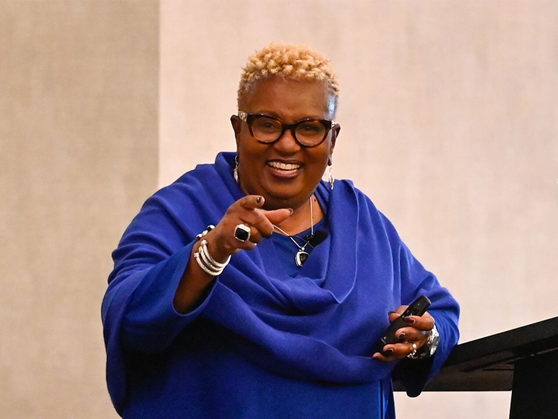 Monica Walker, a senior trainer with the Racial Equity Institute, was one of two presenters Wednesday during a discussion on race. About 300 members of the Presbyterian Church (U.S.A.) national staff participated. Photo by Rich Copley 