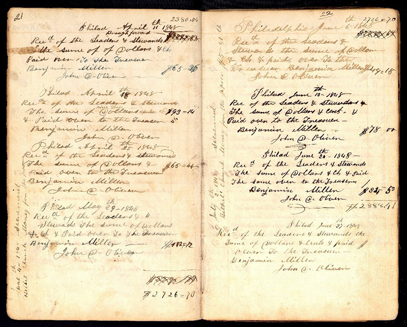 Pages from Mother Bethel African Methodist Episcopal Church board minutes, 1848 through 1849. View the full volume here.