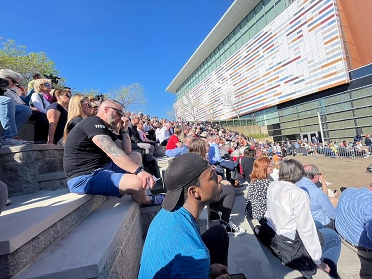 Hundreds gathered outside the Muhammad Ali Center in Louisville for a vigil for the victims of Monday’s mass shooting. Photo by Rick Jones.