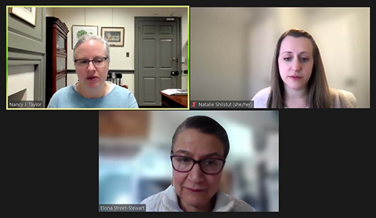 Image from Live Zoom Meeting with Nancy Taylor, Natalie Shilstut, and Elona Street-Stewart. 