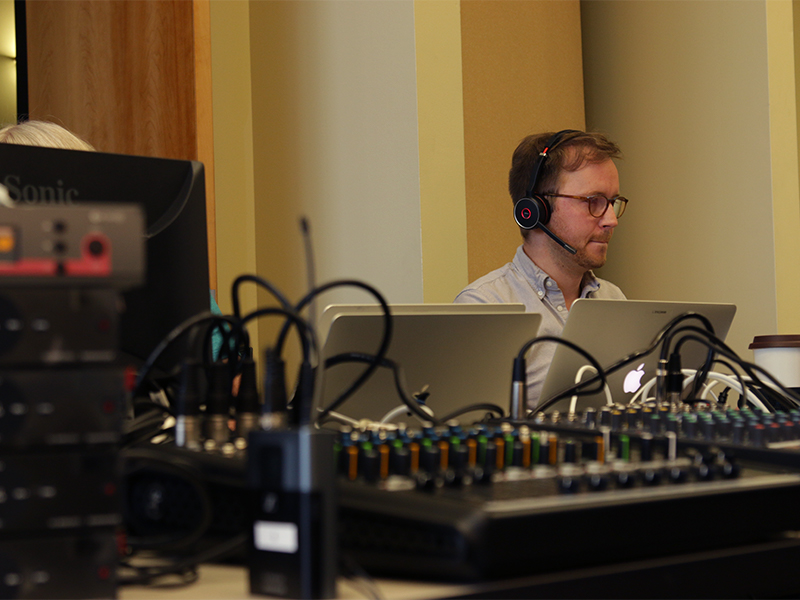 Nathan Young, producer of the 224th General Assembly (2020), monitors the activity during Plenary 1. Photo by Randy Hobson.