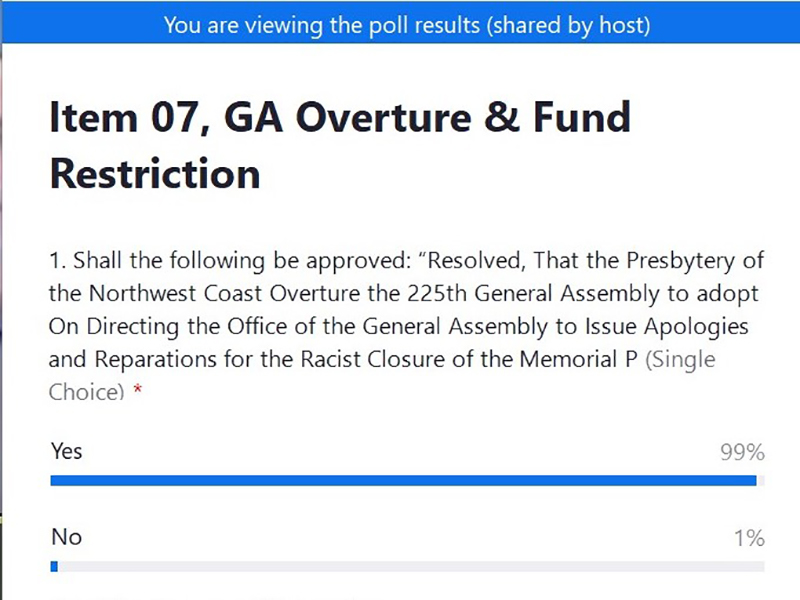 Results of Presbytery vote for the overture, October 8, 2021. 99% approved. 