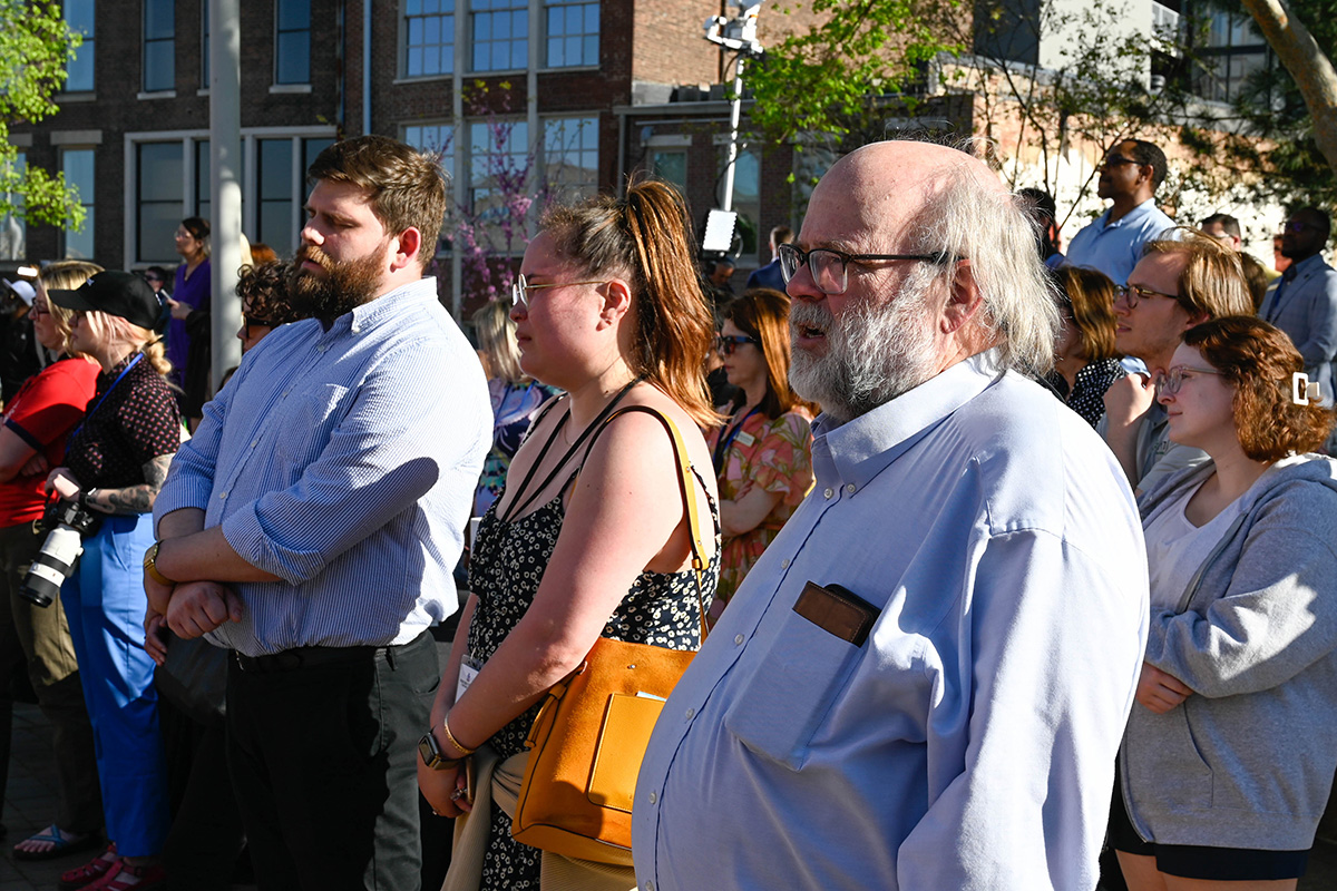 Presbyterian Church (U.S.A.) staff attend the community vigil at the Muhammad Ali Center on April 12, 2023. Photo by Rich Copley.