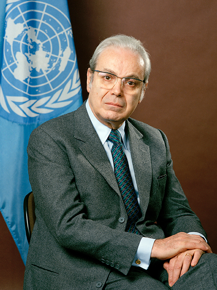 Portrait of Javier Pérez de Cuéllar, Secretary-General of the United Nations. [Exact date unknown], United Nations, New York