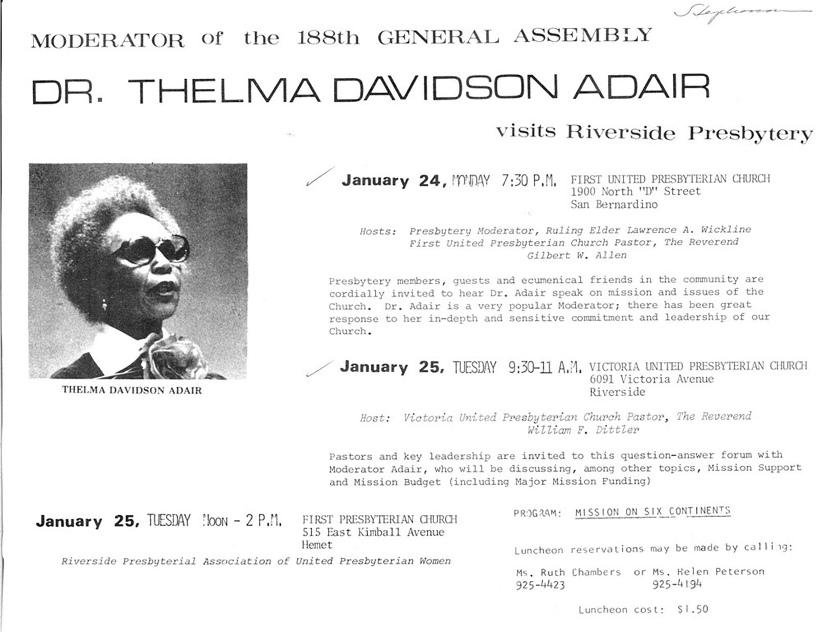 "Program: Mission On Six Continents": Flier for appearance by Thelma Adair during her Moderator year. From PHS collections.