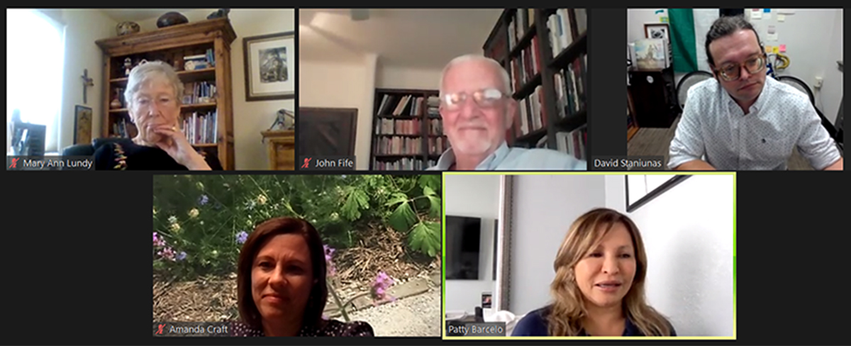 PHS Live guests and host, clockwise from top left: Mary Ann Lundy, Rev. John Fife, David Staniunas, Amanda Craft, Patty Barcelo. August 18, 2022.