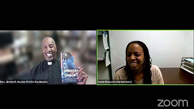 The Rev. Jimmie Hawkins and Sonia Prescott discussing Unbroken and Unbowed on PHS Live.