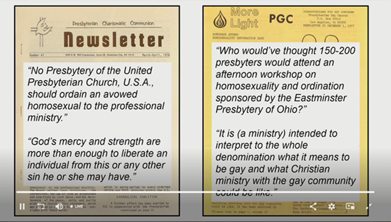 Presentation slide highlighting newsletter stances on LGBTQ inclusion from the 1970s.