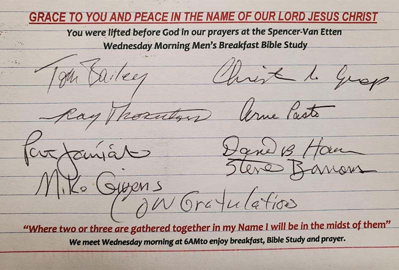 Postcard from Men’s Bible study group to Slater, 2017.