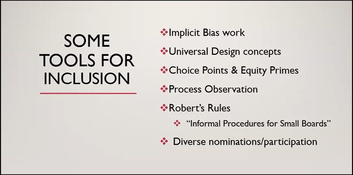 Slide from the webinar listing tools for inclusion.