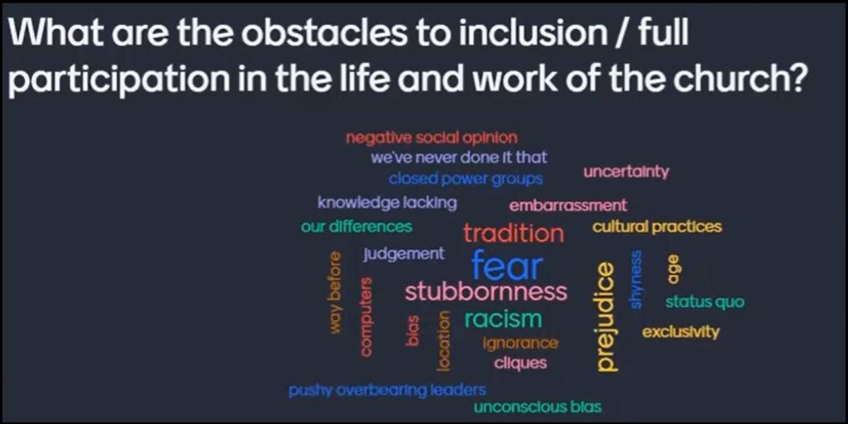 Slide from Practicing Inclusion Webinar - Asking What are the obstacles to inclusion/full inclusion in the life and work of the church.