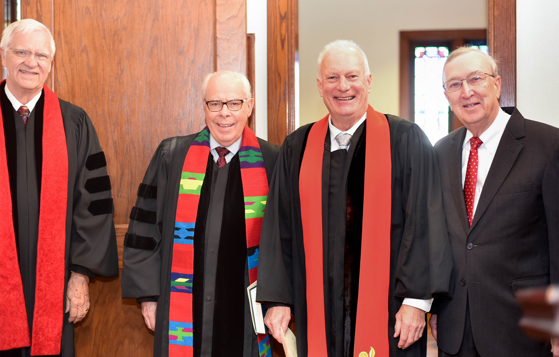 (left to right) former pastors Gay, Williamson, Beck (present pastor for 17 years) with Knox Walkup, great-grandson of the founder of Senatobia Presbyterian Church, Celebration Service, May 7, 2023.