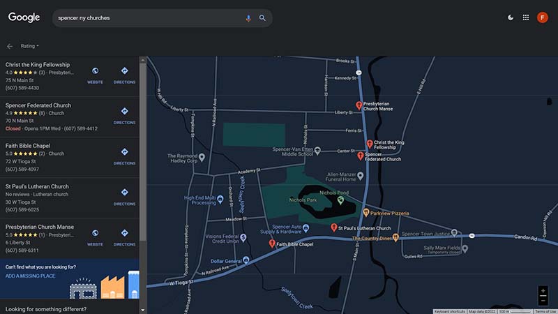 Spencer NY churches near the village center, from Google maps.