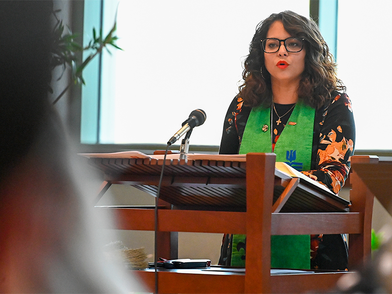 Co-Moderators of the 223rd General Assembly of the PC(USA), Ruling Elder Vilmarie Cintrón-Olivieri leads worship at the Presbyterian Center Chapel in Louisville, Kentucky. Photo by Rich Copley.